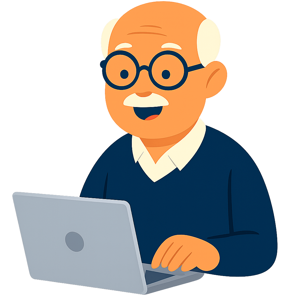 Ein alter Mann, der an einem Laptop sitzt.